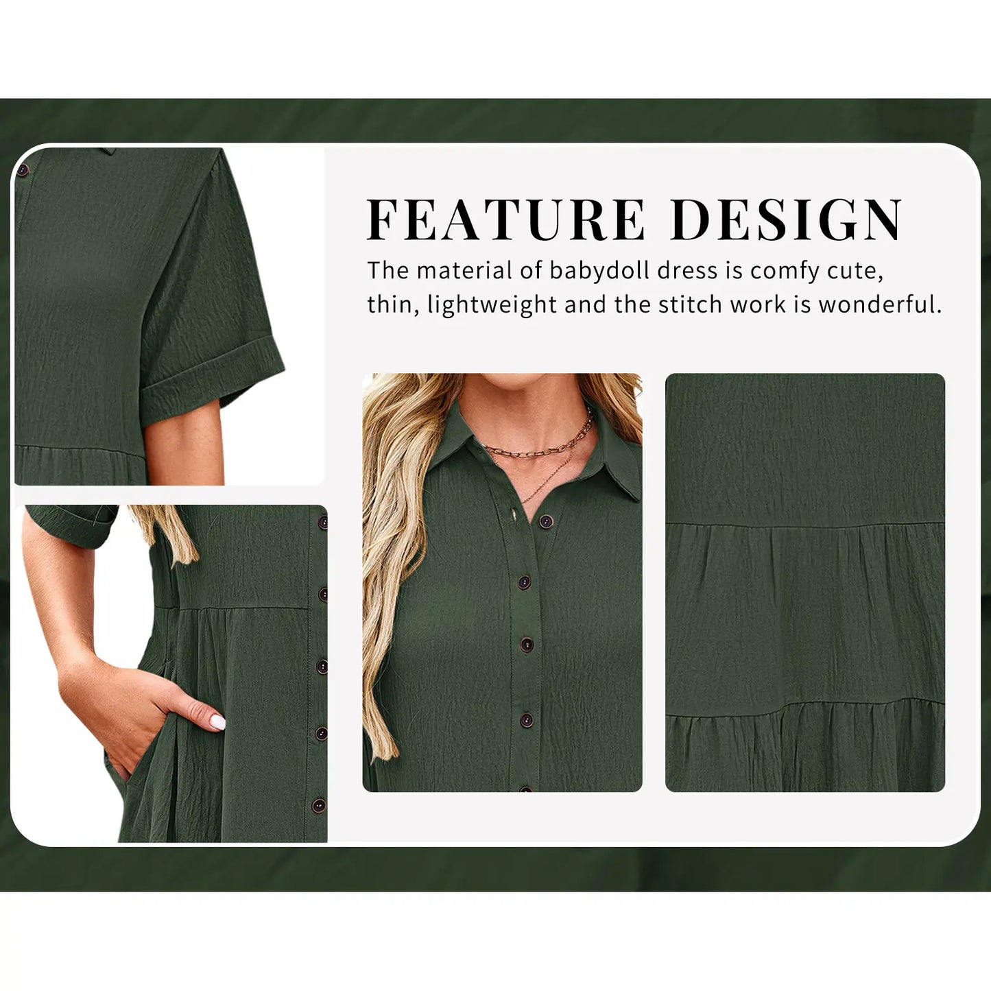 🔥Summer Flash Sale 50% OFF - AUSELILY Babydoll Dress for Women Short Sleeve Button Down Textured Non-clingy Loose Fit Flowy Mini Dress with Pockets 2026 New Summer Dress