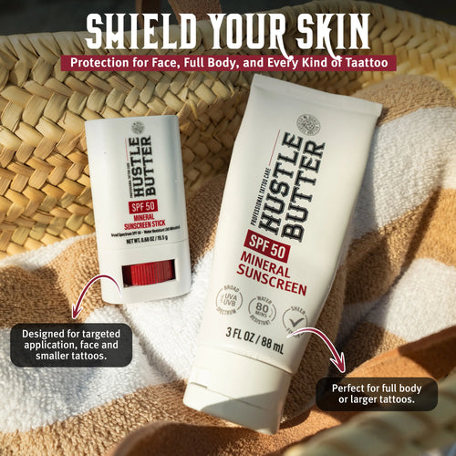 🔥LAST DAY SALE 50% OFF!!🔥 Hustle Butter Tattoo Sunscreen - Mineral Sunscreen Lotion, SPF 50, TSA-Friendly, Water Resistant, 3 oz