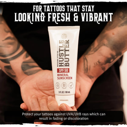 🔥LAST DAY SALE 50% OFF!!🔥 Hustle Butter Tattoo Sunscreen - Mineral Sunscreen Lotion, SPF 50, TSA-Friendly, Water Resistant, 3 oz