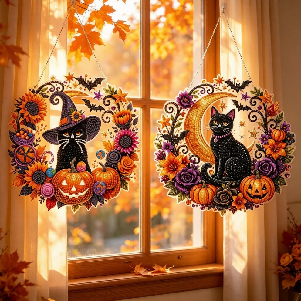 🐈‍⬛🎃Halloween Black Cat Moon Diamond Art Hanging Ornament Kit