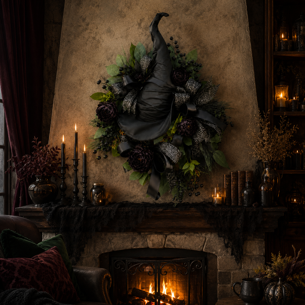 🧙Premium Gothic Black Rose Witch Hat Wreath – Haunting Elegant Halloween Front Door Statement Decor(Free shipping on purchases)