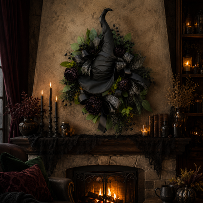 🧙Premium Gothic Black Rose Witch Hat Wreath – Haunting Elegant Halloween Front Door Statement Decor(Free shipping on purchases)