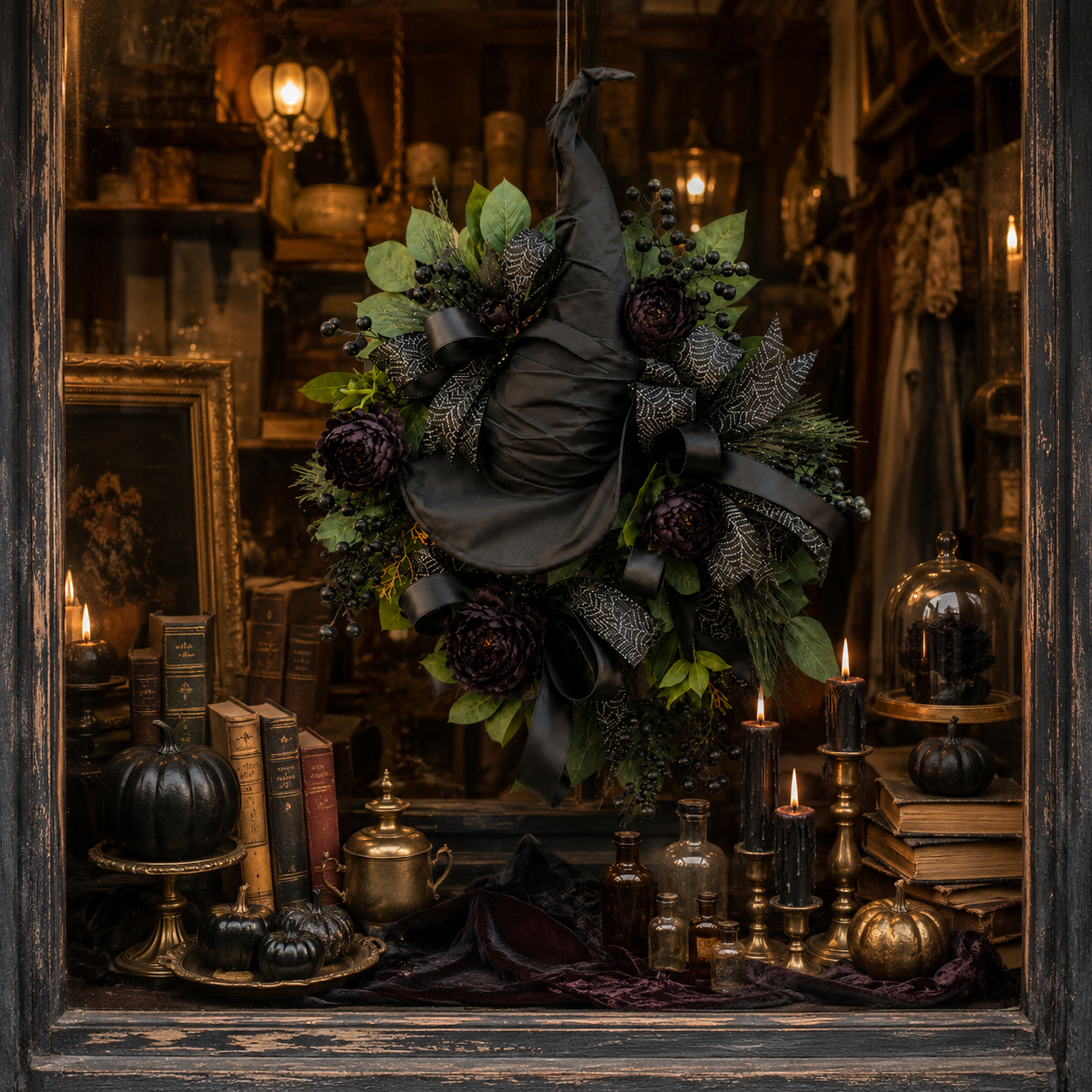 🧙Premium Gothic Black Rose Witch Hat Wreath – Haunting Elegant Halloween Front Door Statement Decor(Free shipping on purchases)
