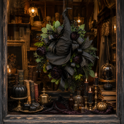 🧙Premium Gothic Black Rose Witch Hat Wreath – Haunting Elegant Halloween Front Door Statement Decor(Free shipping on purchases)