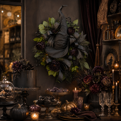 🧙Premium Gothic Black Rose Witch Hat Wreath – Haunting Elegant Halloween Front Door Statement Decor(Free shipping on purchases)