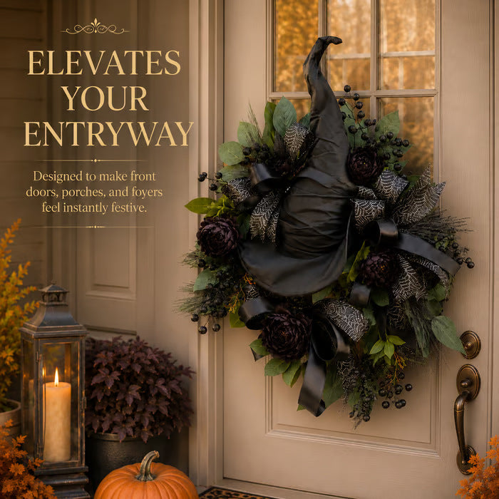 🧙Premium Gothic Black Rose Witch Hat Wreath – Haunting Elegant Halloween Front Door Statement Decor(Free shipping on purchases)