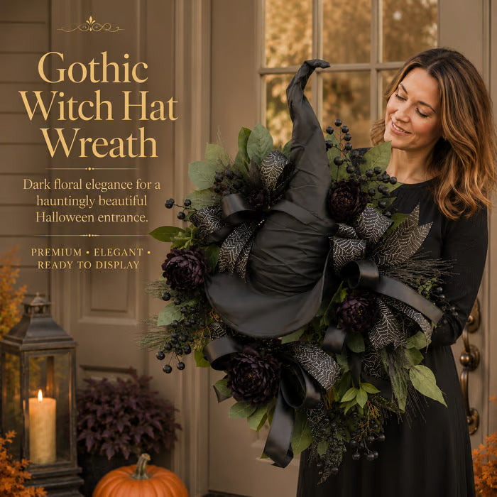 🧙Premium Gothic Black Rose Witch Hat Wreath – Haunting Elegant Halloween Front Door Statement Decor(Free shipping on purchases)