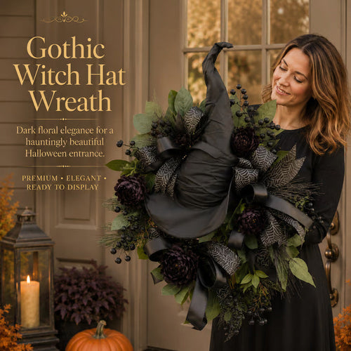 🧙Premium Gothic Black Rose Witch Hat Wreath – Haunting Elegant Halloween Front Door Statement Decor(Free shipping on purchases)