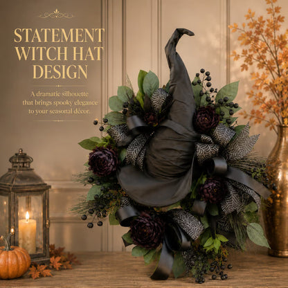 🧙Premium Gothic Black Rose Witch Hat Wreath – Haunting Elegant Halloween Front Door Statement Decor(Free shipping on purchases)