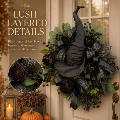 🧙Premium Gothic Black Rose Witch Hat Wreath – Haunting Elegant Halloween Front Door Statement Decor(Free shipping on purchases)