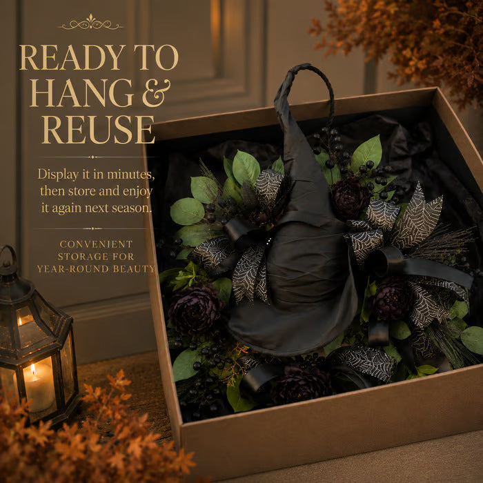 🧙Premium Gothic Black Rose Witch Hat Wreath – Haunting Elegant Halloween Front Door Statement Decor(Free shipping on purchases)